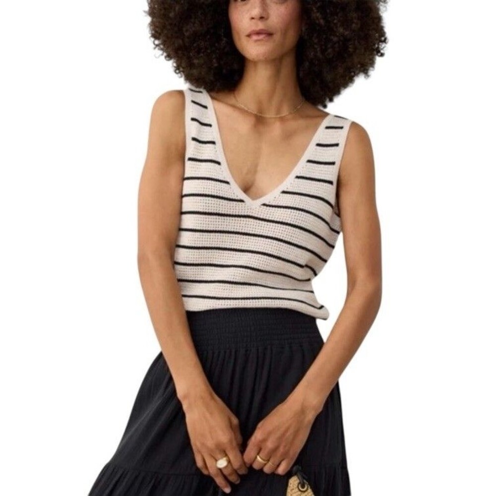 Marine Layer Sweater Medium Tank Cream & Black Stripe Finley Summer Linen Knit